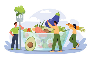 Fresh salad concept. Men and women with vegetables and fruits near big plate. Poster or banner for website, healthy food and active lifestyle. Proper nutrition. Cartoon flat vector illustration