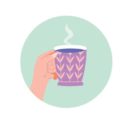 Hand holding cup. Woman with hot drink, coffee or tea. Advertisement poster or banner for cafe or restaurant website. Comfort and coziness in cold weather concept. Cartoon flat vector illustration