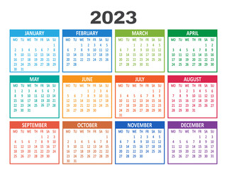Calendar 2023 year vector template. Week starts on Monday. Abstract colorful illustration