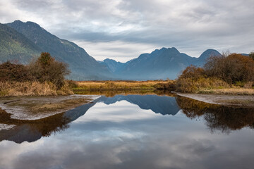 Fototapeta na wymiar Beautiful autumn landscape of mountain lake with reflection.