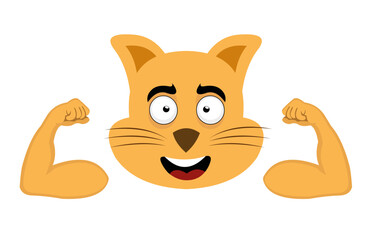 vector illustration of the face of a cartoon cat with a happy expression and showing the biceps of the arms
