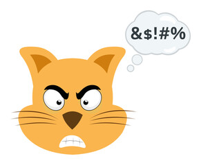 vector illustration of the face of a cartoon cat with an angry expression and a cloud of thought with an insult text