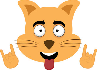 vector illustration of the face of a cartoon cat with his tongue out and making the classic gesture of heavy metal with his hands