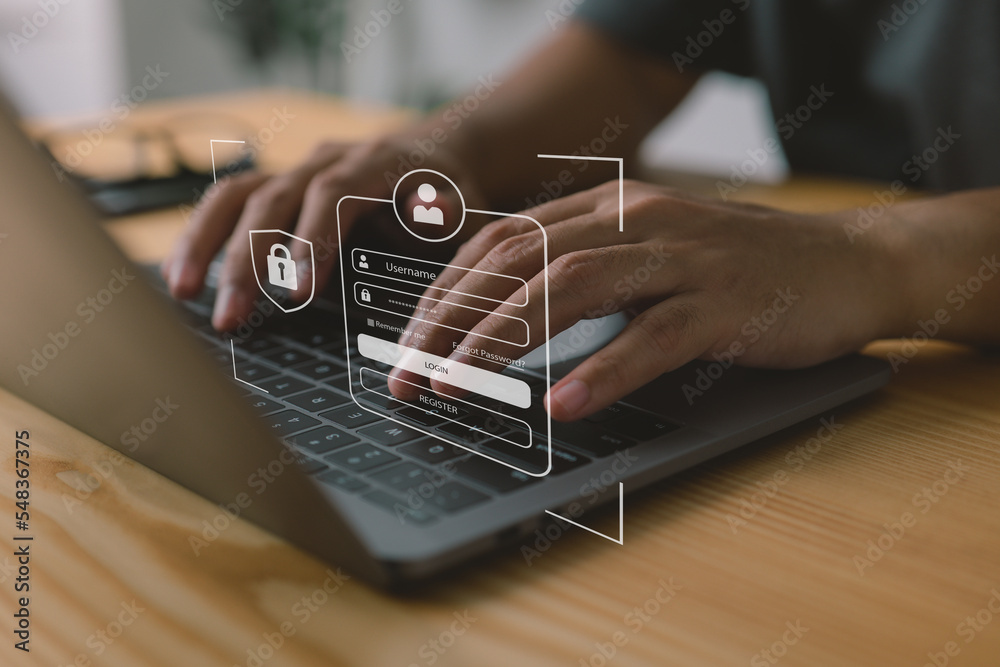 Poster Cybersecurity and privacy concepts protect data. Businessmen protecting personal data on laptops and virtual interfaces. Lock icon and internet network security technology.