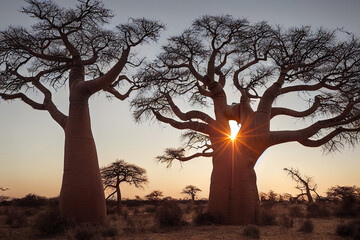 African baobabs in the savannah at sunrise - obrazy, fototapety, plakaty