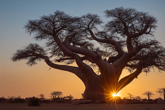 African baobab in the savannah at sunrise