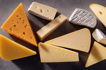 different types of cheese lie on a dark table