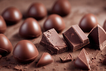 pieces of chocolate lie on a wooden table