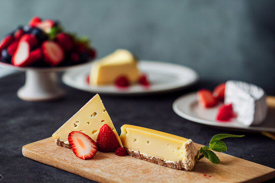 various cheeses lie with strawberries on a wooden board