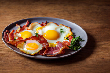 fried eggs on fried bacon on a white plate