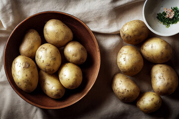 Fototapeta na wymiar new potatoes lie in a clay bowl