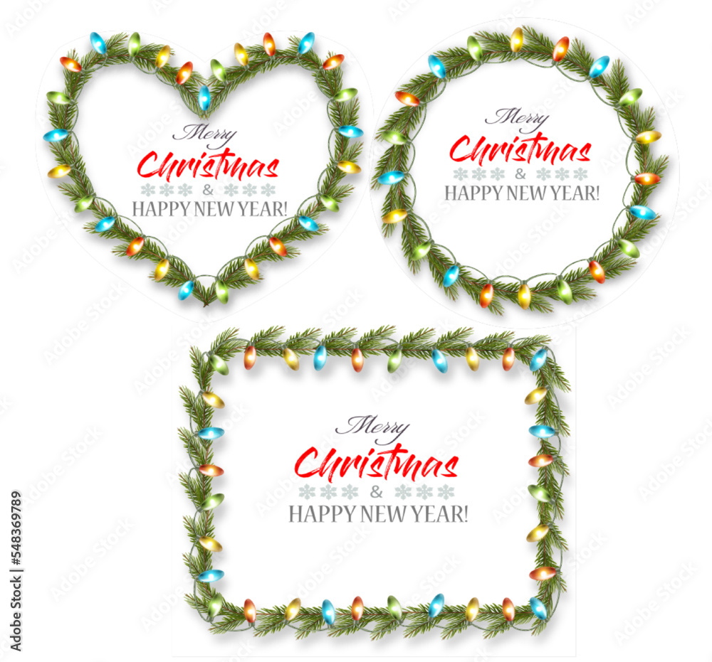 Poster christmas tree branches and garland with colorful light bulbs the shape of a heart and a ring and re
