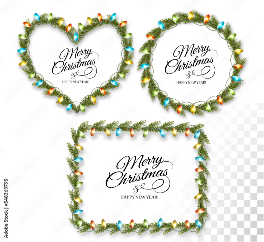 Poster christmas tree branches and garland with colorful light bulbs the shape of a heart and a ring and re