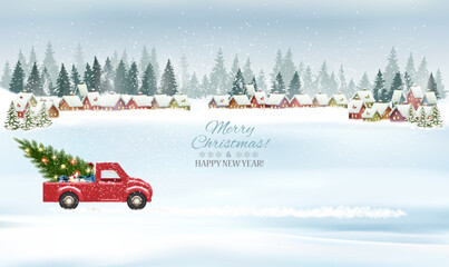 Festive Christmas background with a winter village, snow-covered fir trees and a red car is driving a Christmas tree for a  holiday. Winter illustration, banner, card