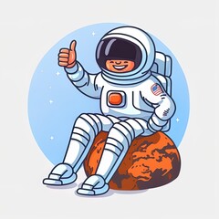 Astronaut Sitting On Planet And Waving Hand Cartoon 2D Illustrated Icon Illustration. Science Technology Icon Concept Isolated Premium 2D Illustrated. Flat Cartoon Style