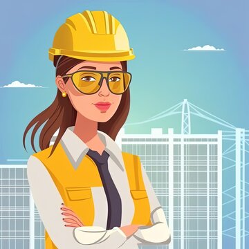 Portrait Of Professional Architect Woman Wearing Yellow Helmet And Standing Outdoors. Engineer And Architect Concept.