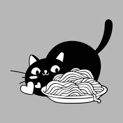 Cat ramen silhouette, black and white