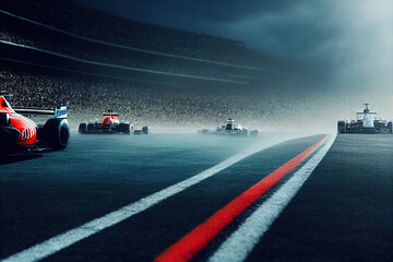 Racer on a racing car passes the track. Motor sports competitive team racing. Motion blur background. digital art