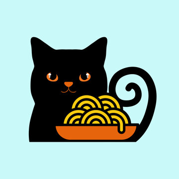 recommend clip art: Cat ramen silhouette, black and white