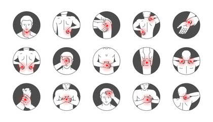 Pain and injury on different body parts. Body pains sketch set. Ache in head, neck, shoulder, knee, chest, abdomen, wrist, back, elbow.