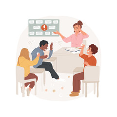 List of bad behavior isolated cartoon vector illustration. Students throwing papers at each other, teacher holding head, pointing to list class rules, stop sign, misbehaving vector cartoon.