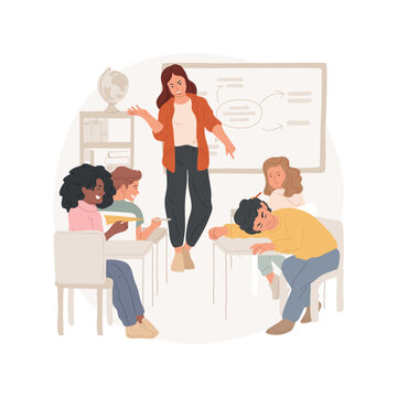 Not listening to a teacher isolated cartoon vector illustration. Kid lays head on desk, children having fun at last row, annoyed teacher with unhappy face, misbehaving at school vector cartoon.