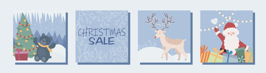 Thematic image of winter discounts. Christmas and New Year sale and low prices 50% off. Set of vector elements: christmas tree, snow, gifts, santa, santa claus, toys, decorations