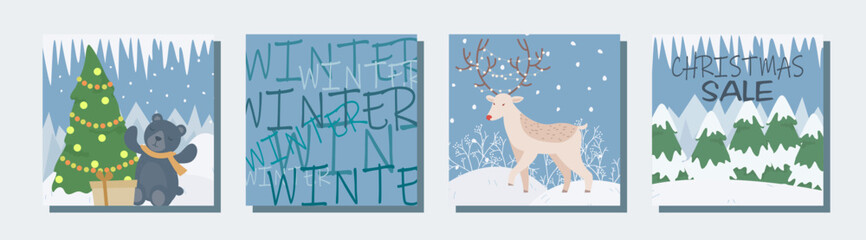 Thematic image of winter discounts. Christmas and New Year sale and low prices 50% off. Set of vector elements: christmas tree, snow, gifts, santa, santa claus, toys, decorations
