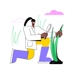 Biological control of plant disease isolated cartoon vector illustrations. Farmer with a magnifying glass looks at the plants, modern agriculture, organic farming industry vector cartoon.