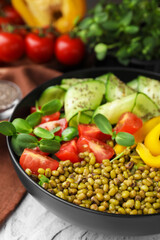 Bowl of salad with mung beans on white textured table, closeup