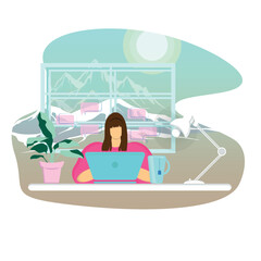 Freelance people work in comfortable conditions vector flat illustration. Freelancer character working from home or beach at relaxed pace, convenient workplace. Man and woman self employed concept