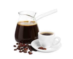 Glass turkish coffee pot, cup of hot drink and beans on white background