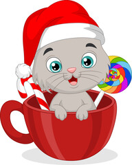 Cute cat cartoon inside red cup with candies