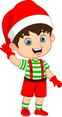 Cartoon little boy wear santa costume waving hand