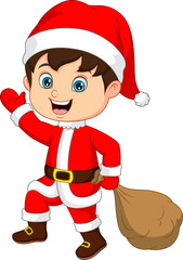 Cartoon little boy wear santa costume carrying a sack