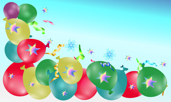 Colorful ribbons with balloons, paper cap and sprinkles on blue background vector