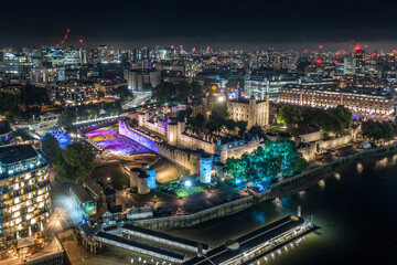 London at night, an aerial view on UK capital, the mixture of modern, classical and business architecture