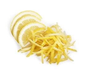 Pieces of lemon peel and slices of fresh fruit on white background, top view. Citrus zest
