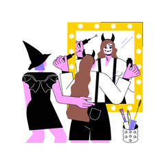 Halloween makeup isolated cartoon vector illustrations. Beautiful girl in spooky costumes do traditional scary Halloween makeup, friends having fun, party preparation vector cartoon.