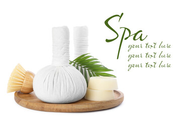 Wooden tray with herbal massage bags and different spa products on white background, space for text