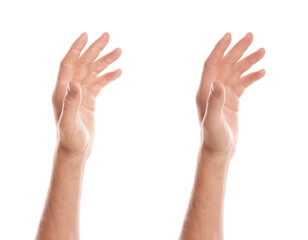 Collage with photos of man showing hands with dry and moisturized skin on white background, closeup