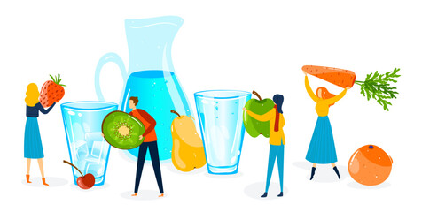 Fruit water concept, vector illustration, tiny flat man woman character make drink, summer juice in glass, tropical cold beverage.