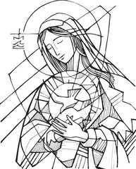 Hand drawn illustration of Virgin Mary and the Holy Spirit.