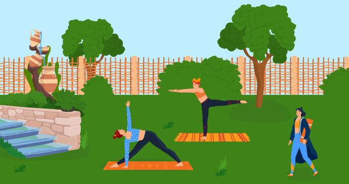 Woman in group do yoga at nature, person group in park outdoor vector illustration, female people character lifestyle, young girl yoga club sport training.