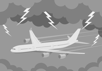 A white plane that is surrounded by storms and lightning flashes