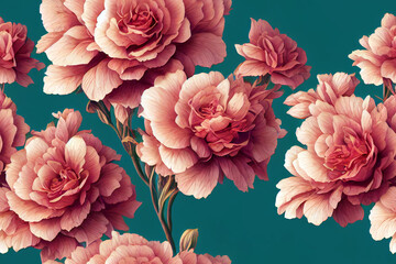 Beautiful pink flower pattern on cyan background. 3D rendering
