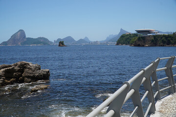 The Niteroi Contemporary Art Museum is seen from the Icarai Beach in Rio de Janeiro, Brazil. It is...