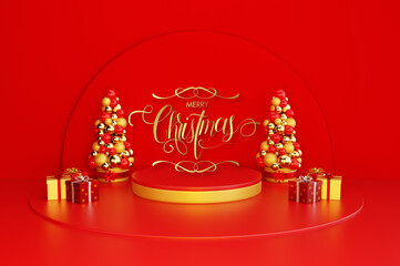 3d render of modern podium at christmas concept with-decoration