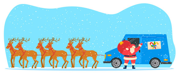 Merry christmas celebration winter mood, santa car in reindeer harness, fast delivery gift from shop, christmas sale vector illustration.