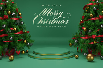 3d render of podium at christmas concept with traditional decoration